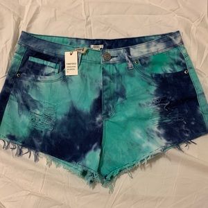 Blue tie dye denim high waist shorts Forever21